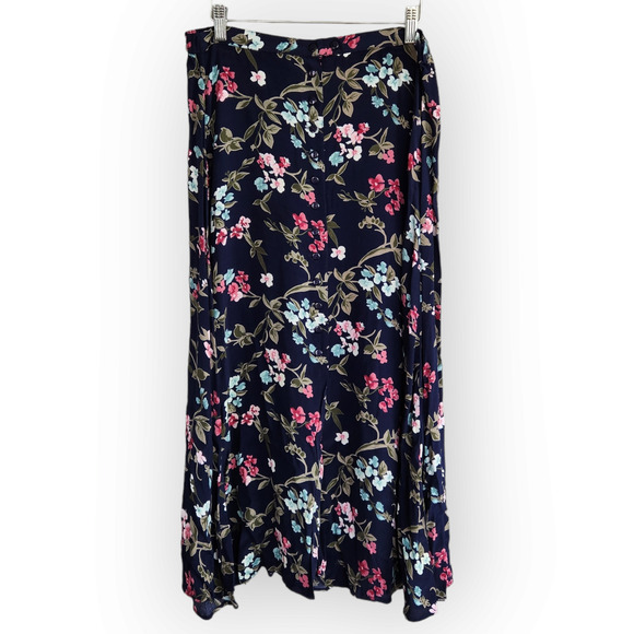 Vintage Dresses & Skirts - Vintage Floral Midi Skirt - Navy with Pink and Blue Flowers